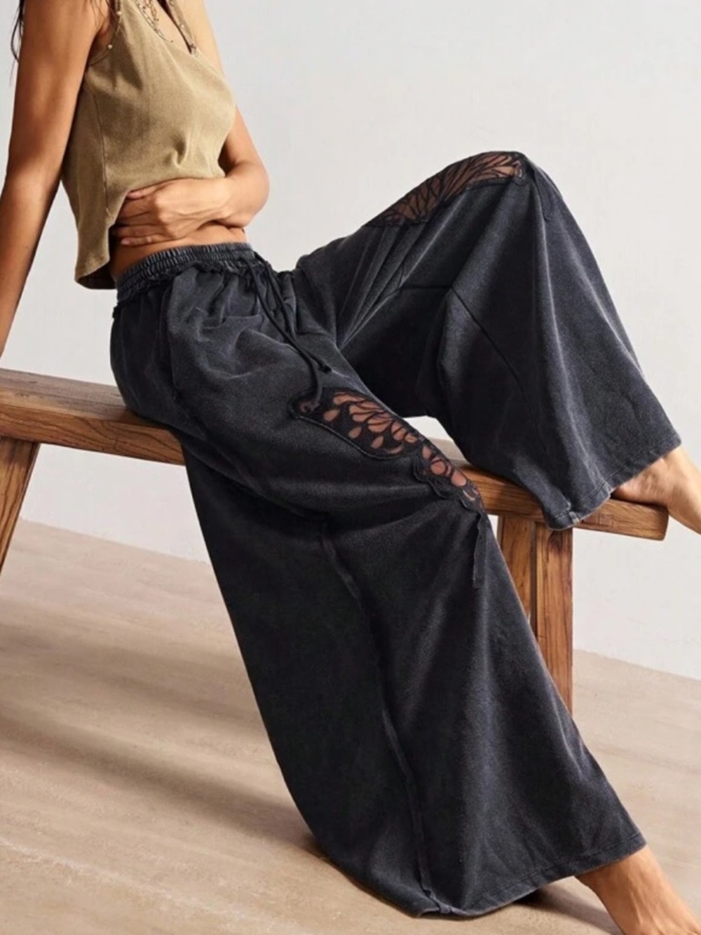 Boho Loose Sheer Butterfly Appliqué Lace details Wide Leg Pants Black
